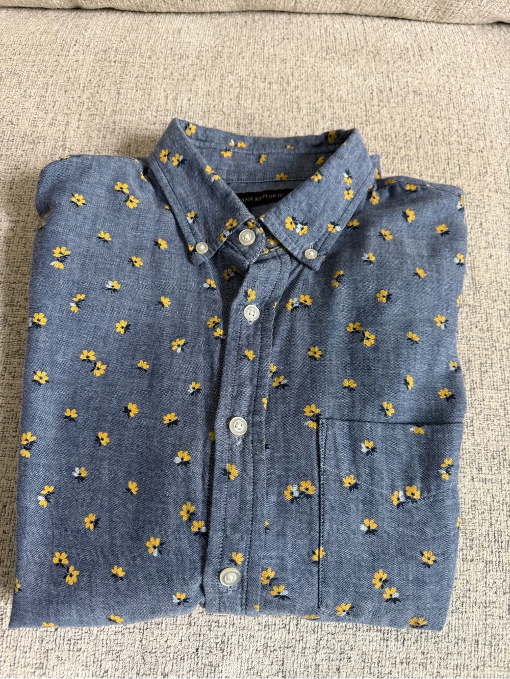 Banana Republic Blue Button-Down Shirt with Yellow Floral Print
